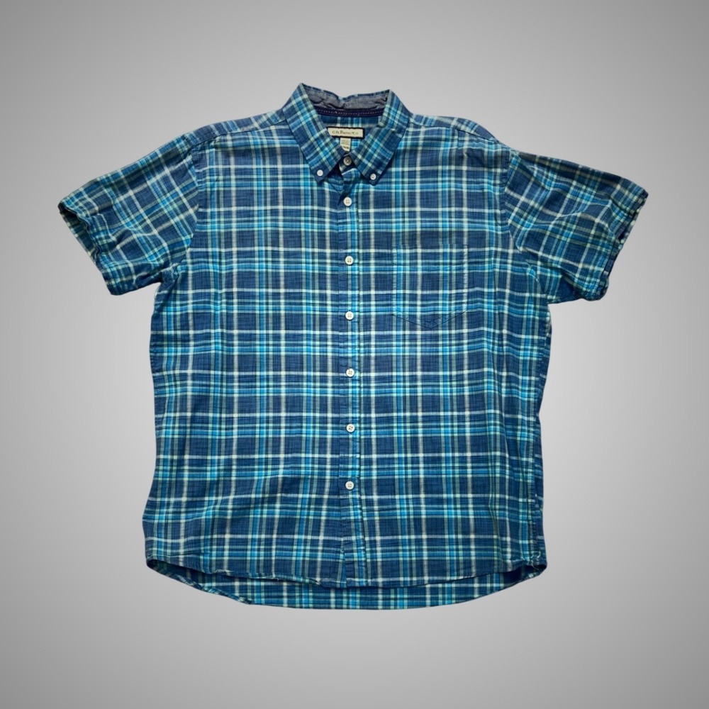 G.H. Bass & Co. Plaid Button Shirt Mens XL Blue Green Short Sleeve Pocket